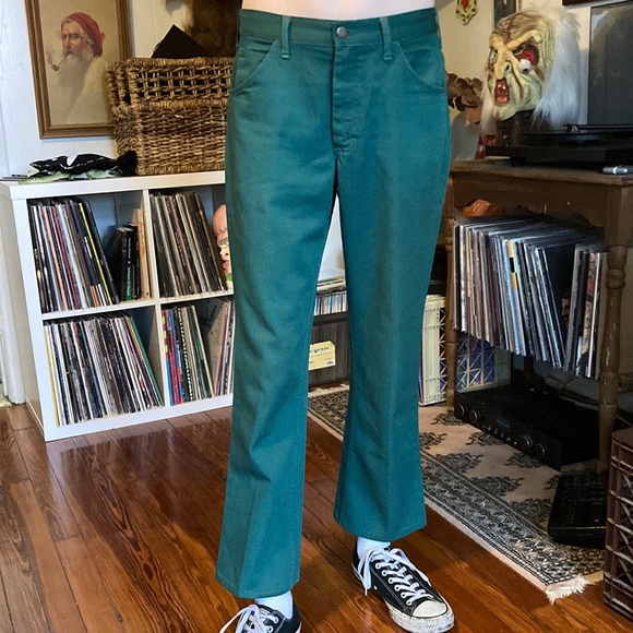 π SOLD π Vintage 70s Lee Polyester Jeans Green Made in U.S.A. ~ 33 X 31 - Picture 2 of 7